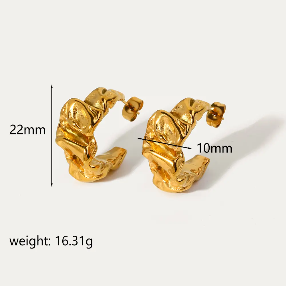 1 par de aretes tipo botón de acero inoxidable chapados en oro de 18 quilates con forma de C de lava irregular de estilo clásico y simple para mujer h5 Imagen2